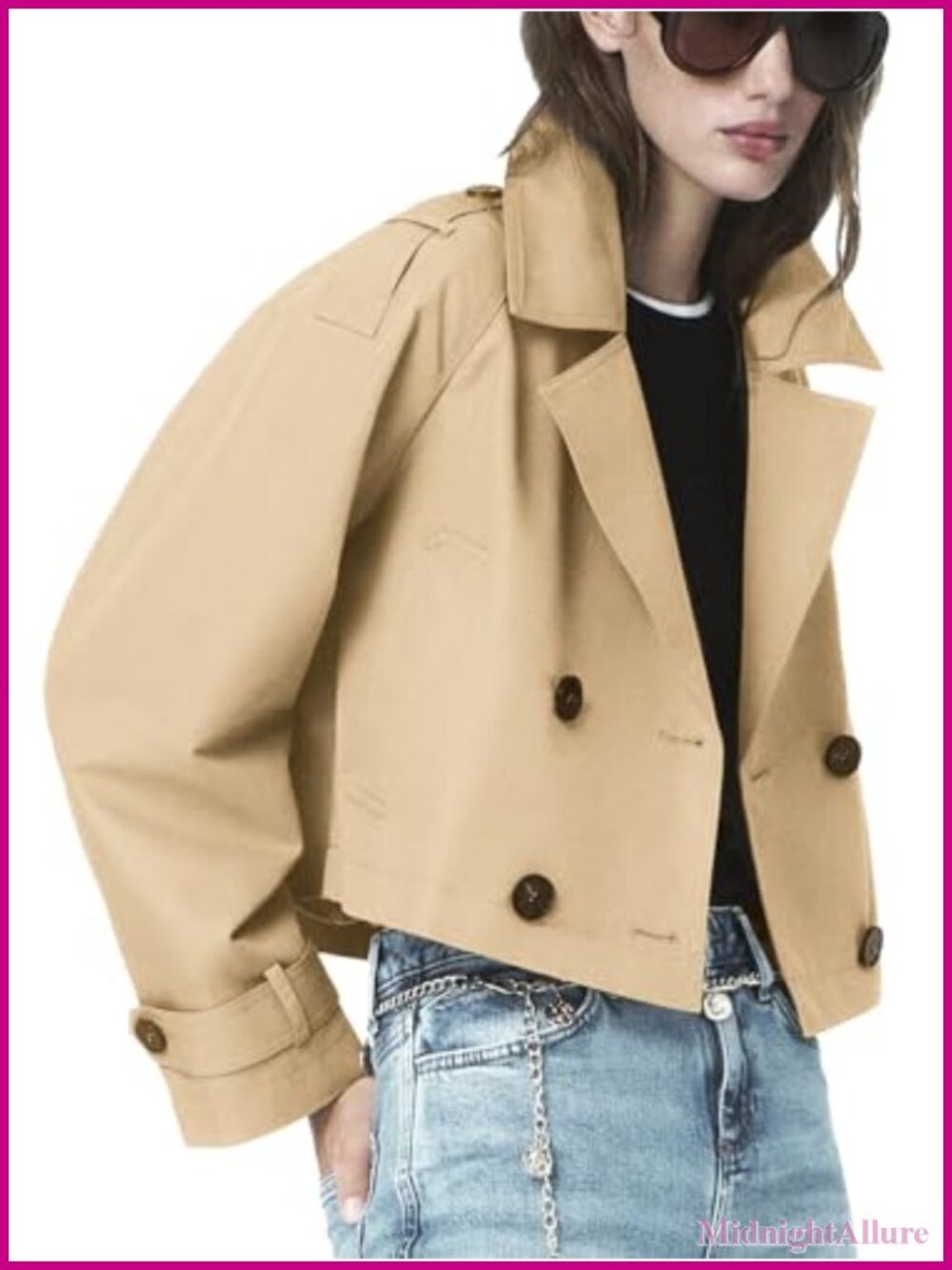 Women's Cropped Trench Coat Long Sleeve Button Front Windproof Casual Polyester